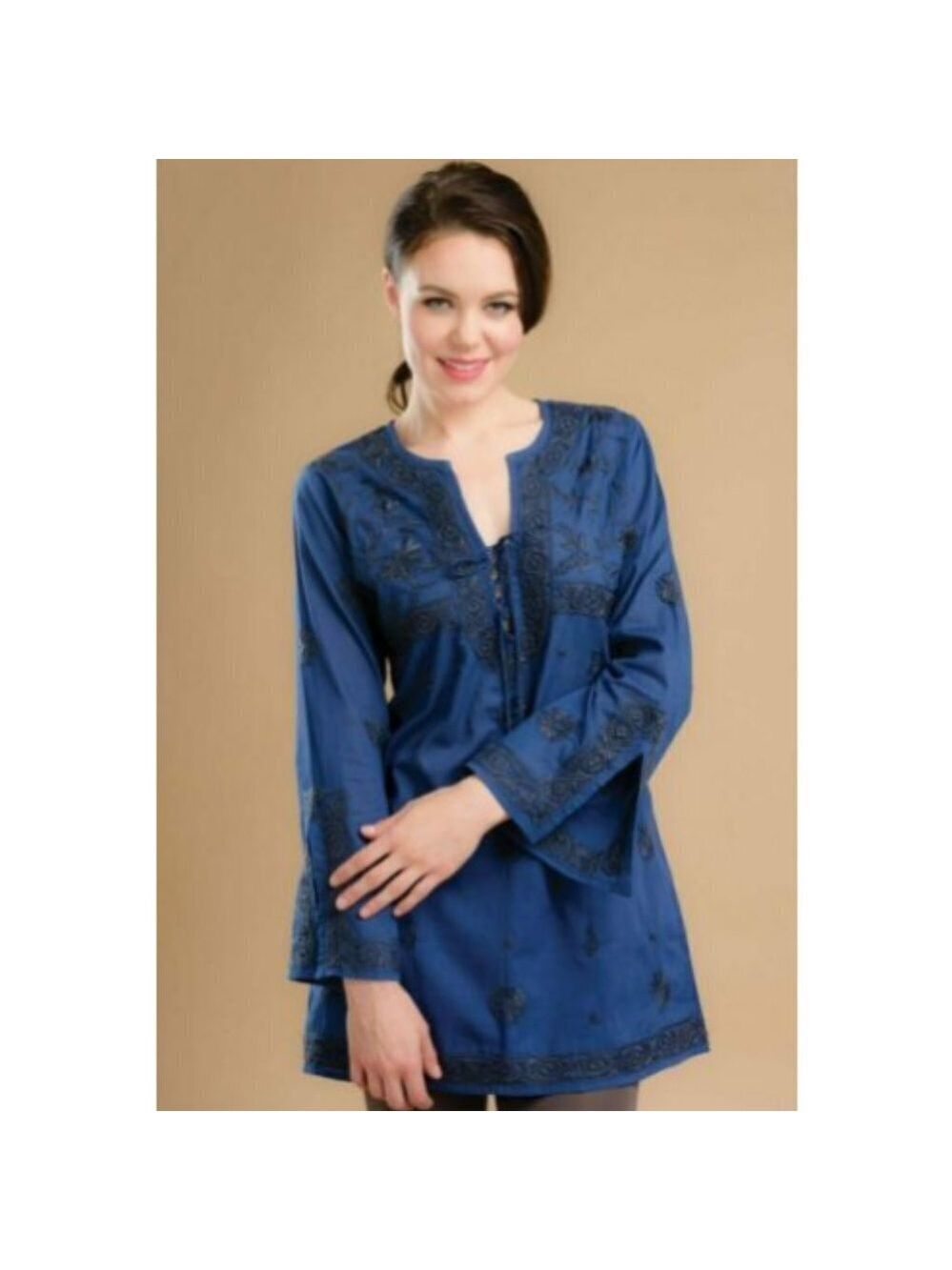 Navy Blue Cotton Embroidered Tunic Handmade